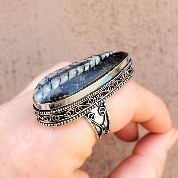 New Huge Orthoceras Fossil 925 Silver Ring. - Picture 8 of 16